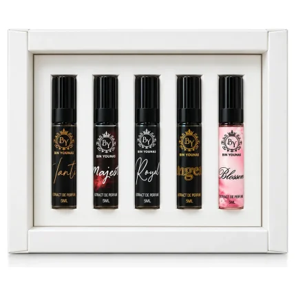 Tester set of five 5ml extrait de parfum bottles in a gift box by Bin Younas Fragrances