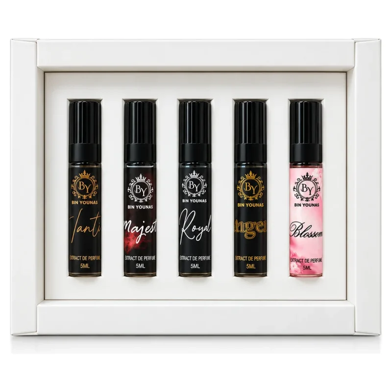 Tester set of five 5ml extrait de parfum bottles in a gift box by Bin Younas Fragrances